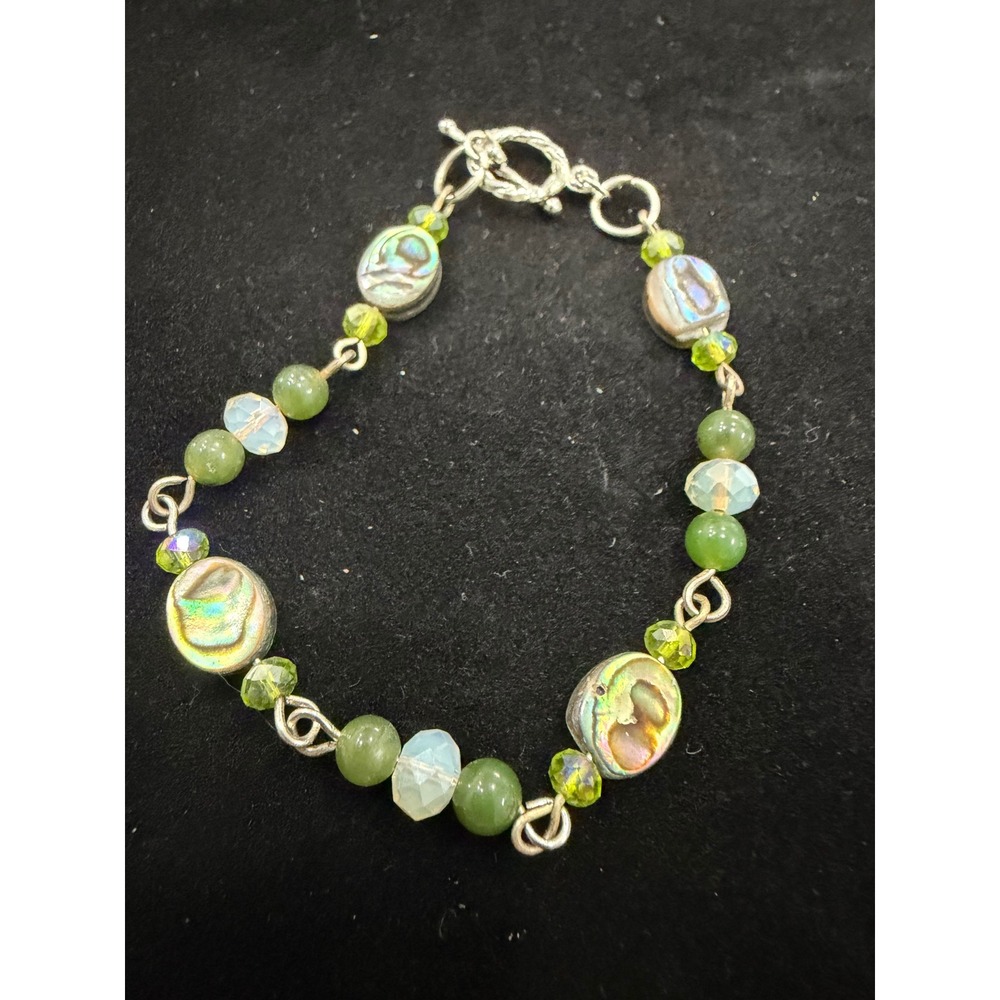 Artisan Abalone‎ Shell Green Stone Crystal Bead Toggle Bracelet Silver Tone 8in